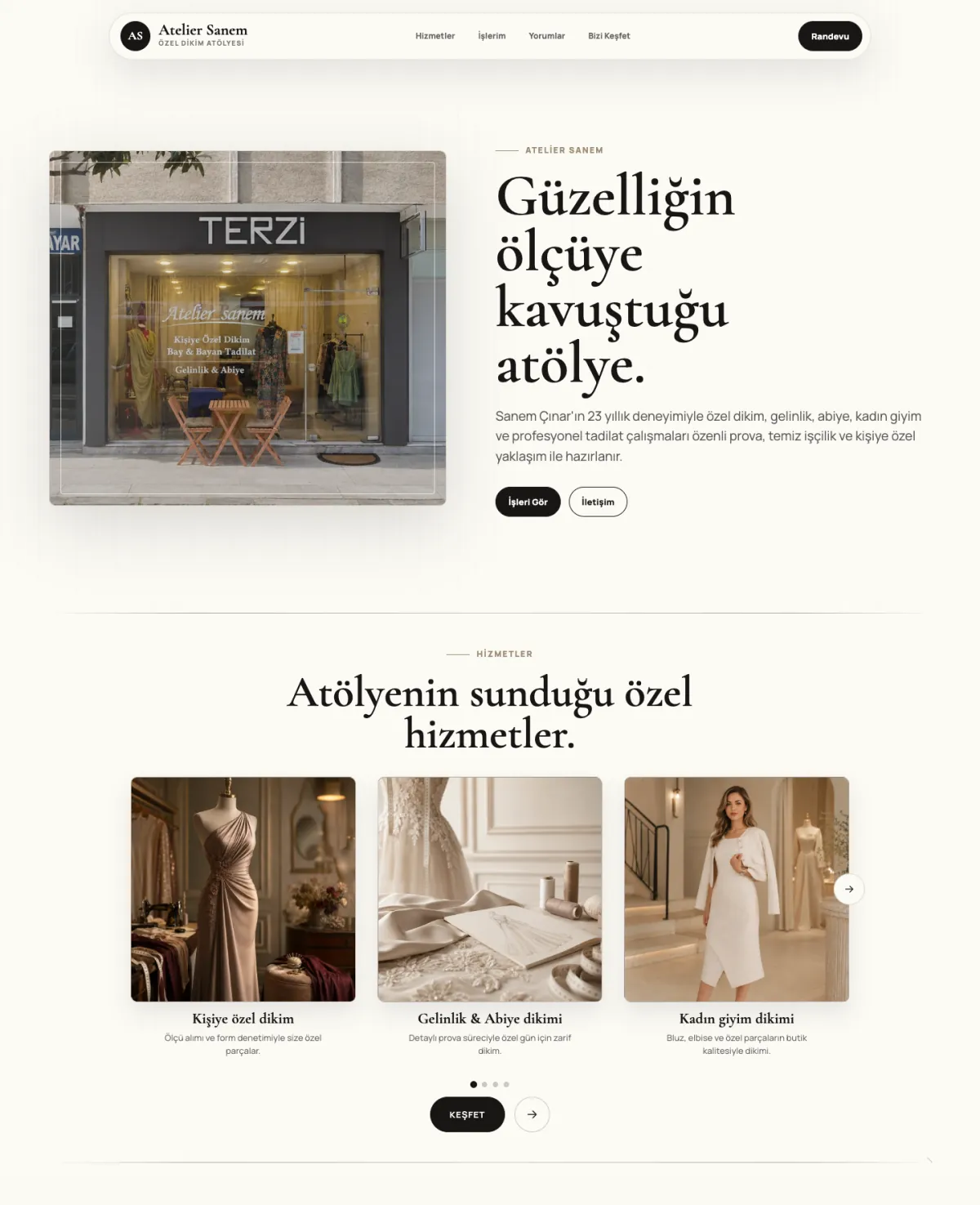 Atelier Sanem kişiye özel dikim atölyesi web sitesi ana sayfası