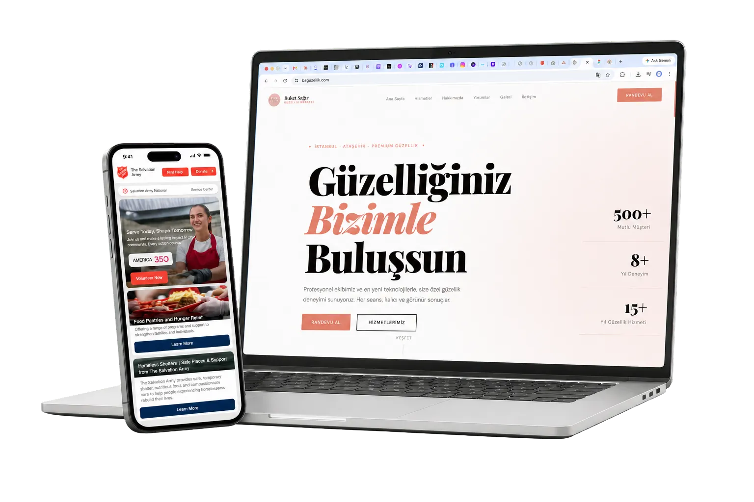 Çağatay Sağır tarafından tasarlanan web sitelerini gösteren dizüstü bilgisayar ve telefon